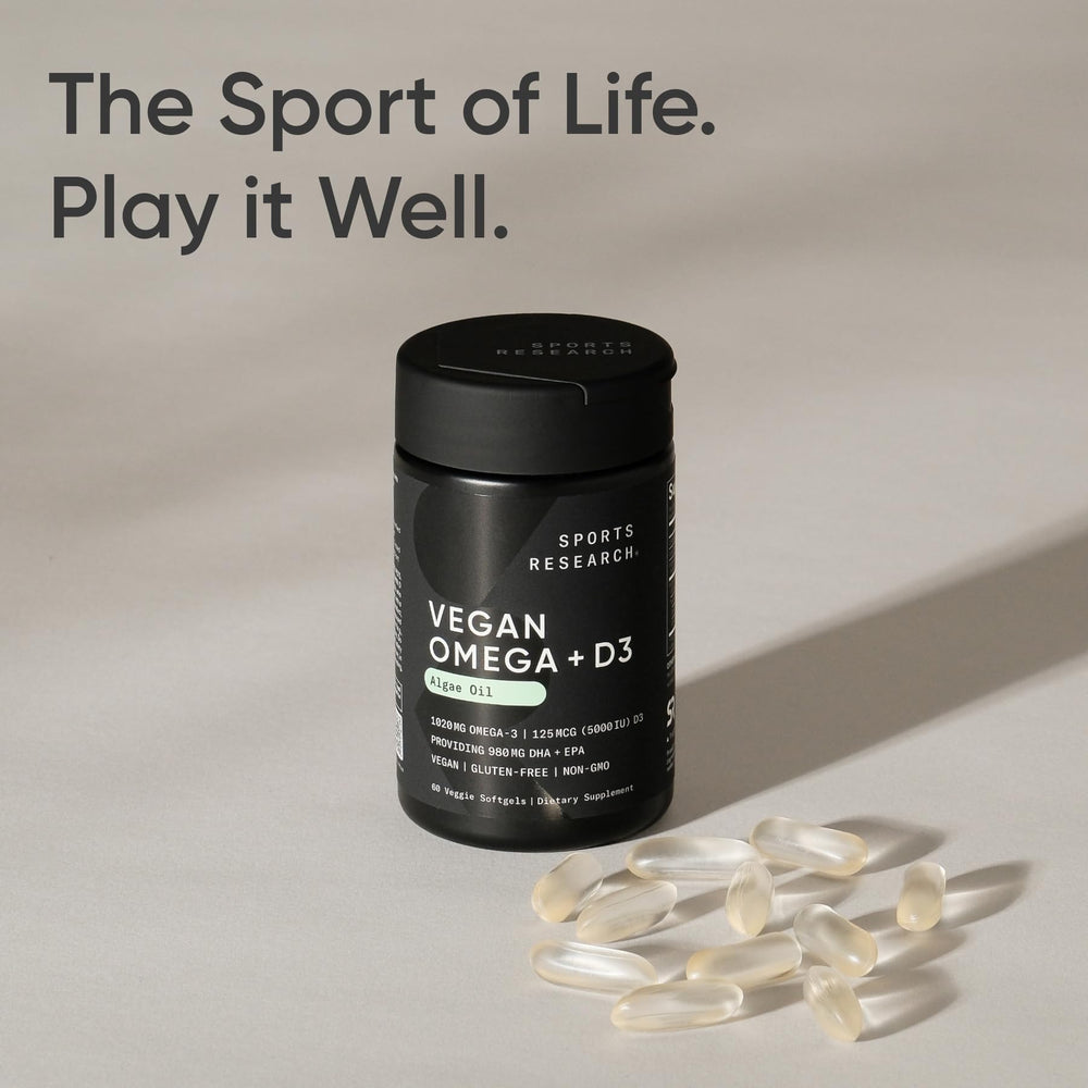 Sports Research vegan omega-3 D3 softgels bottle highlighting gluten-free formula.