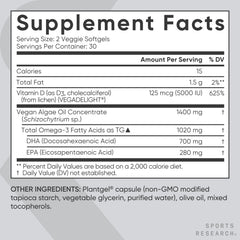 Sports Research omega-3 D3 softgels packaging illustrating non-GMO vegan formula and clarity.
