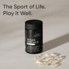 Sports Research Vegan Omega-3 packaging on shelf demonstrates convenient 60-softgel bottle.