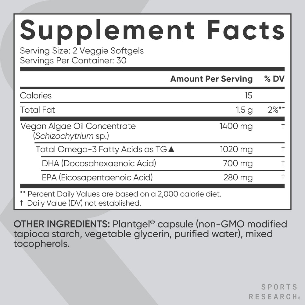 Sports Research Vegan Omega-3 per-serving visual showcases 770 mg omega-3 including DHA and EPA.