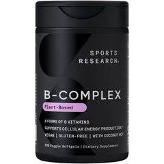 Sports Research Vitamin B-Complex bottle front displaying vegan, gluten-free softgels.