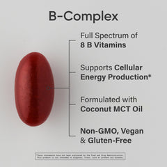 Label close-up showing full B vitamin spectrum and supplement details.