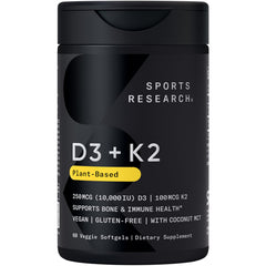 Sports Research Vitamin D3 and K2 softgels bottle demonstrates high-potency immune and bone support.