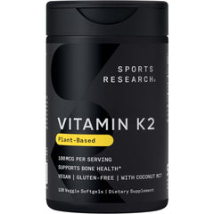 Sports Research Vitamin K2 MK-7 bottle front view highlighting bone and cardiovascular support.