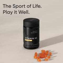 Sports Research Vitamin K2 MK-7 USA-made on a cGMP facility label.