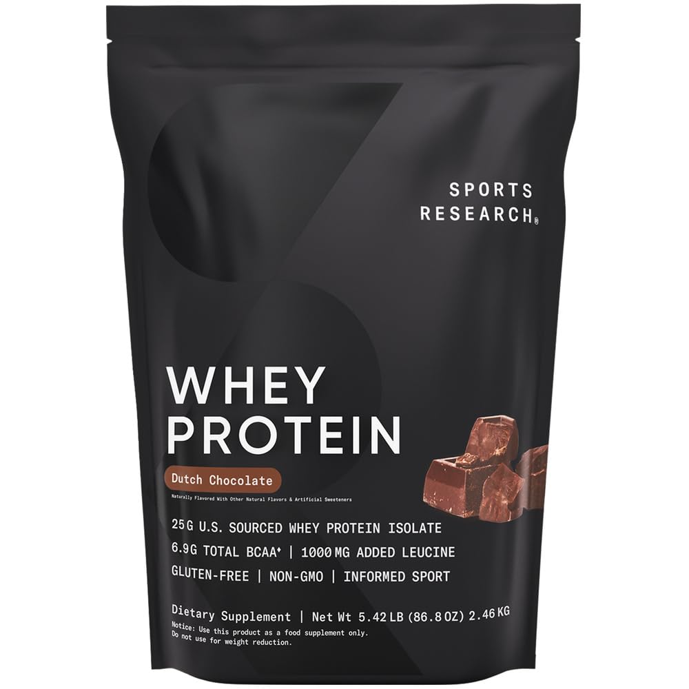 Sports Research Whey Protein bottle with Dutch Chocolate flavor for lean muscle support.