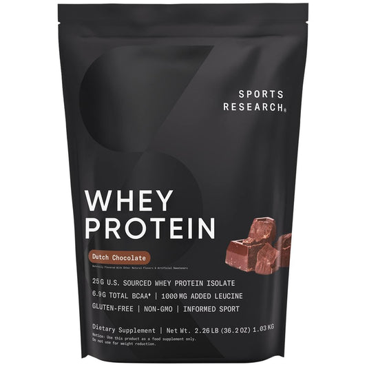 Sports Research Whey Protein Isolate Dutch Chocolate bottle for post-workout fueling.