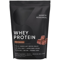 Sports Research Whey Protein Isolate Dutch Chocolate bottle for post-workout fueling.
