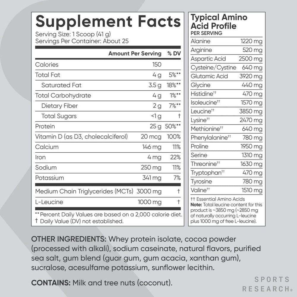 Sports Research Whey Protein Isolate Dutch Chocolate coffee creamer mix.