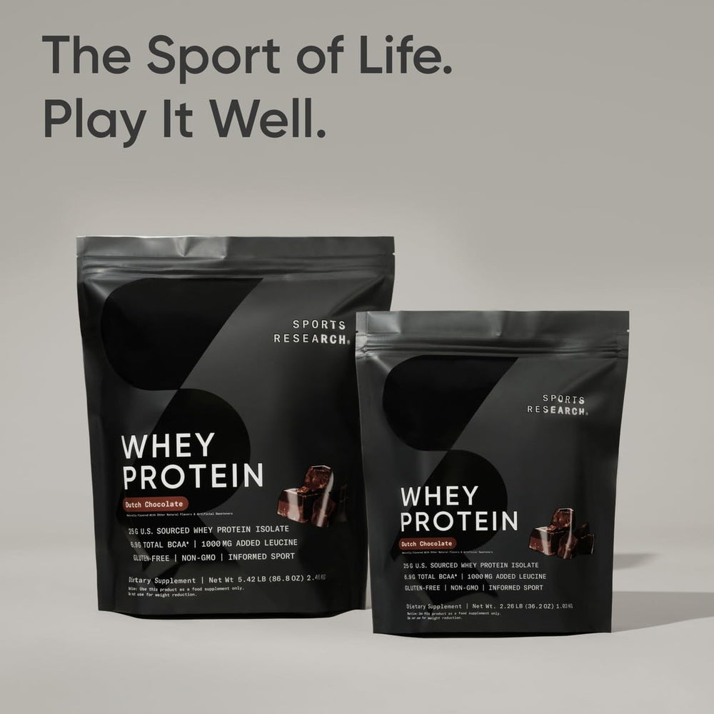 Sports Research Whey Protein Isolate Dutch Chocolate ingredients and non-GMO formula.