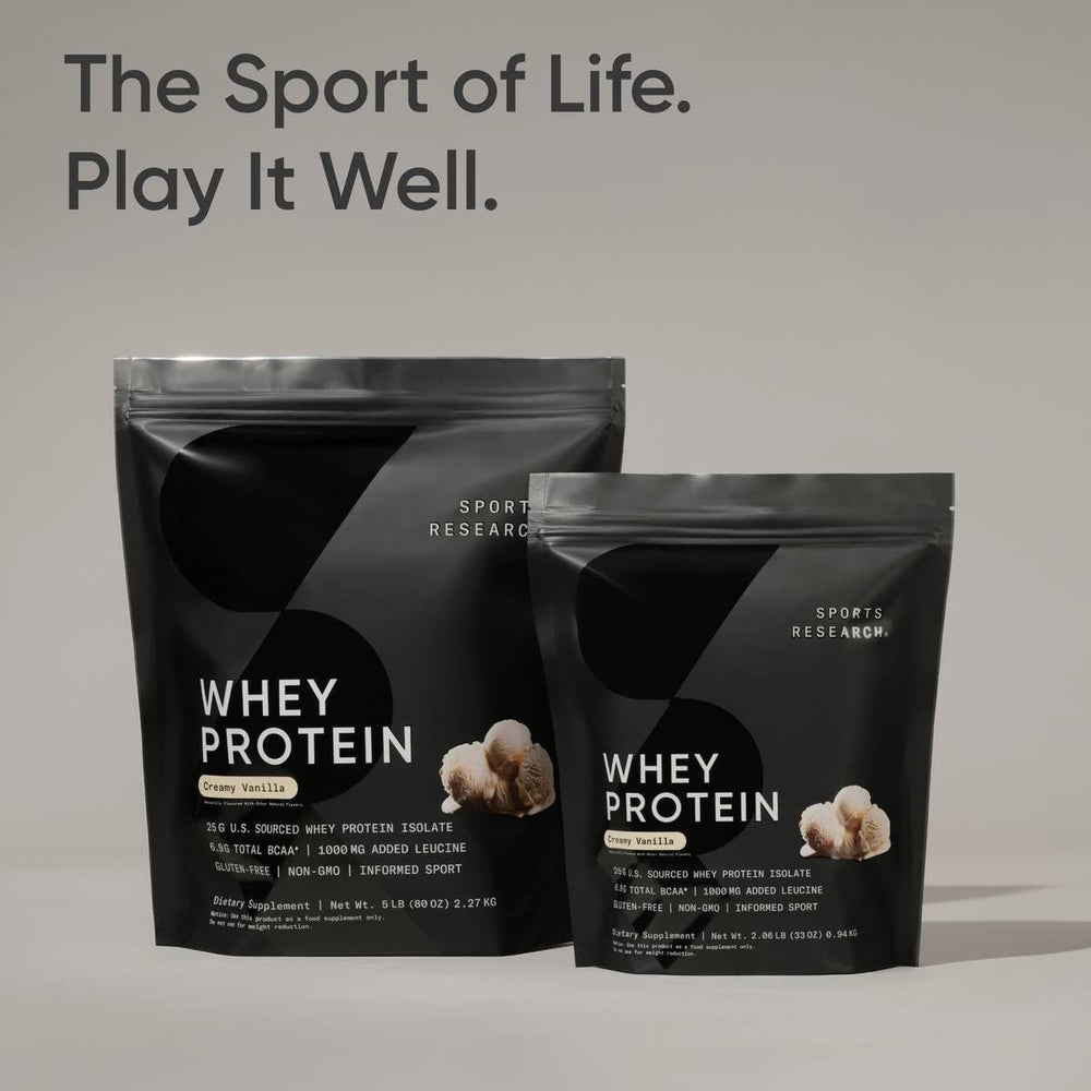 Sports Research Whey Protein Isolate vanilla ingredients panel notes non-GMO and allergen-friendly profile