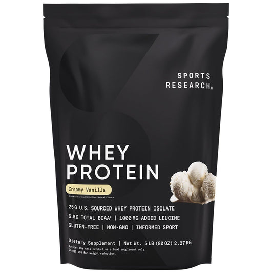 Sports Research Whey Protein Isolate vanilla powder bag for lean muscle support