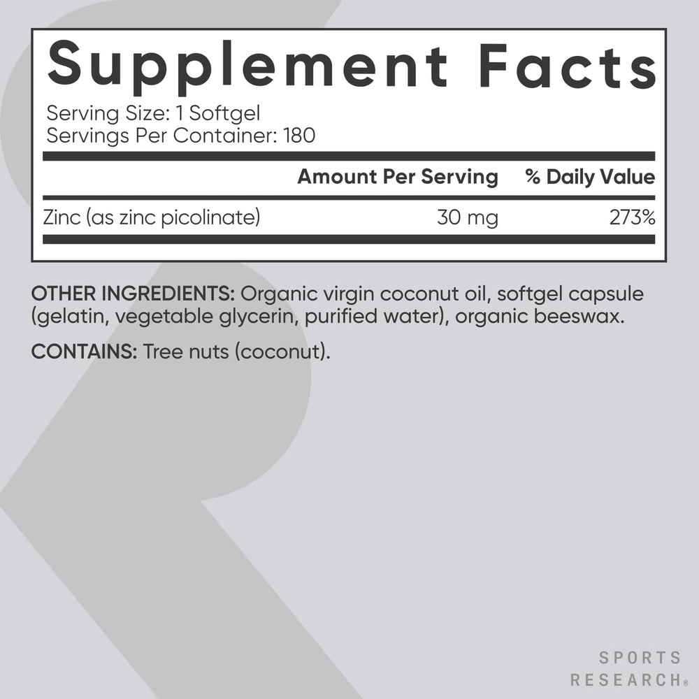 Dosage information on Sports Research Zinc Picolinate packaging