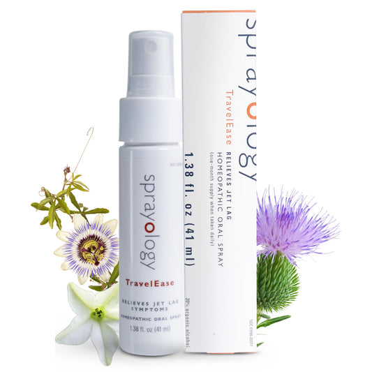 Sprayology TravelEase bottle pour demonstrates simple two-spray dosing for jet lag relief.