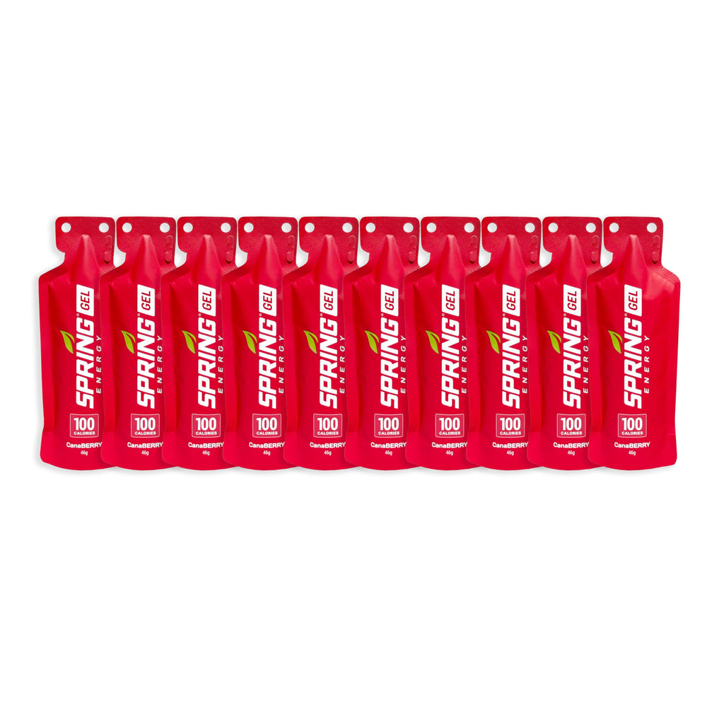 Spring Energy Canaberry bottle front view highlighting strawberry smoothie flavor for endurance fueling.