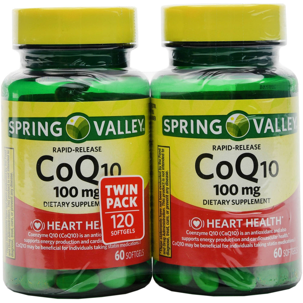 Spring Valley Co-Q10 100mg bottle viewed for daily energy and antioxidant support.