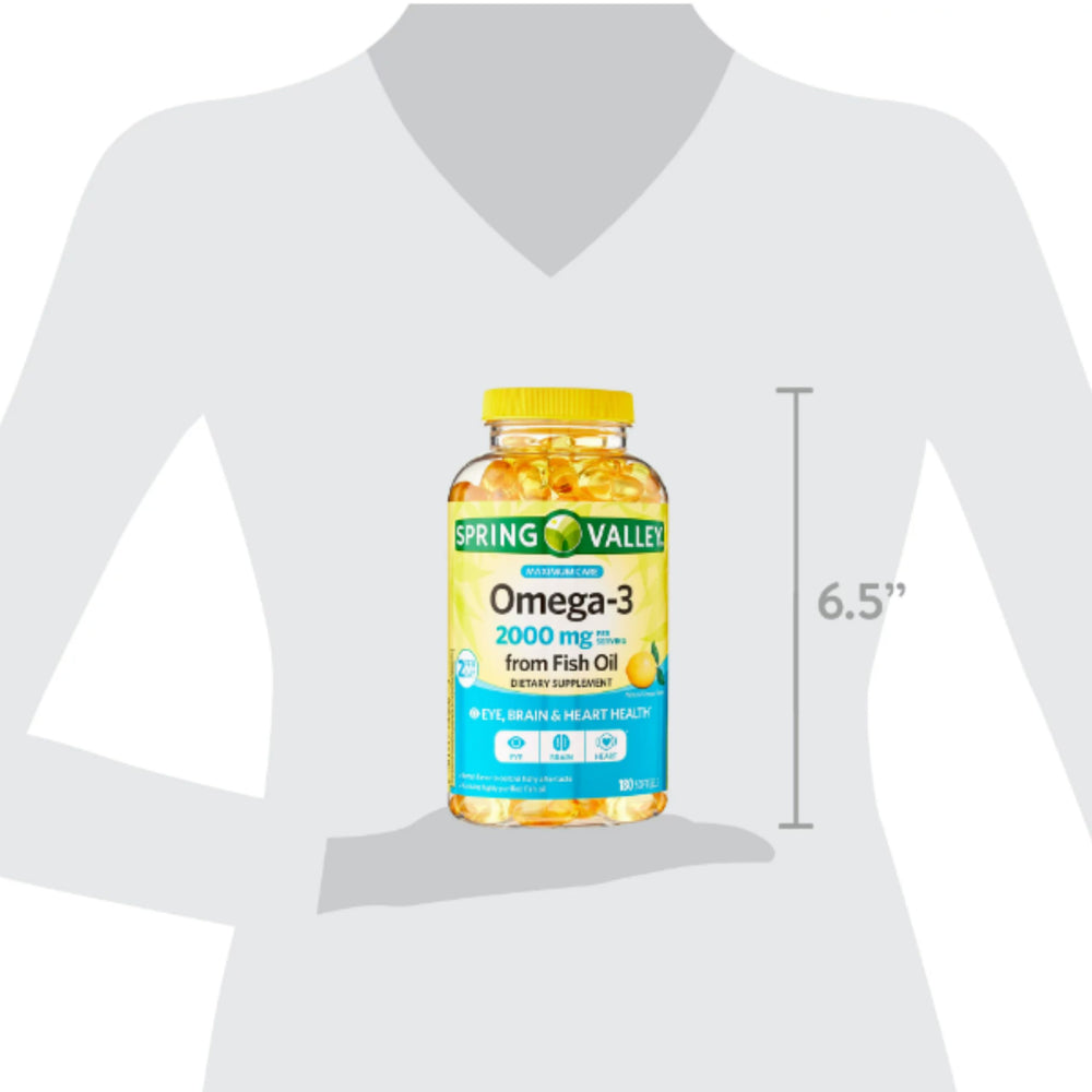 Spring Valley Omega-3 bottle back with dosage information for planning.