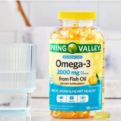Spring Valley Omega-3 bottle label detail for product information.