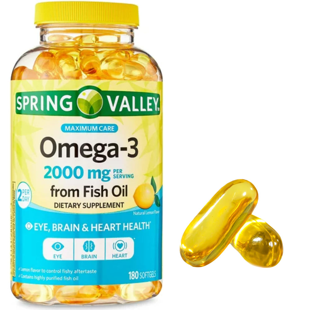 Spring Valley Omega-3 packaging view highlighting the bottle and packaging.