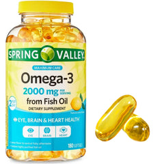 Spring Valley Omega-3 packaging view highlighting the bottle and packaging.