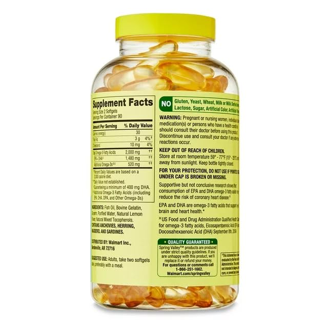 Spring Valley omega-3 bottle shown beside daily serving reminder.