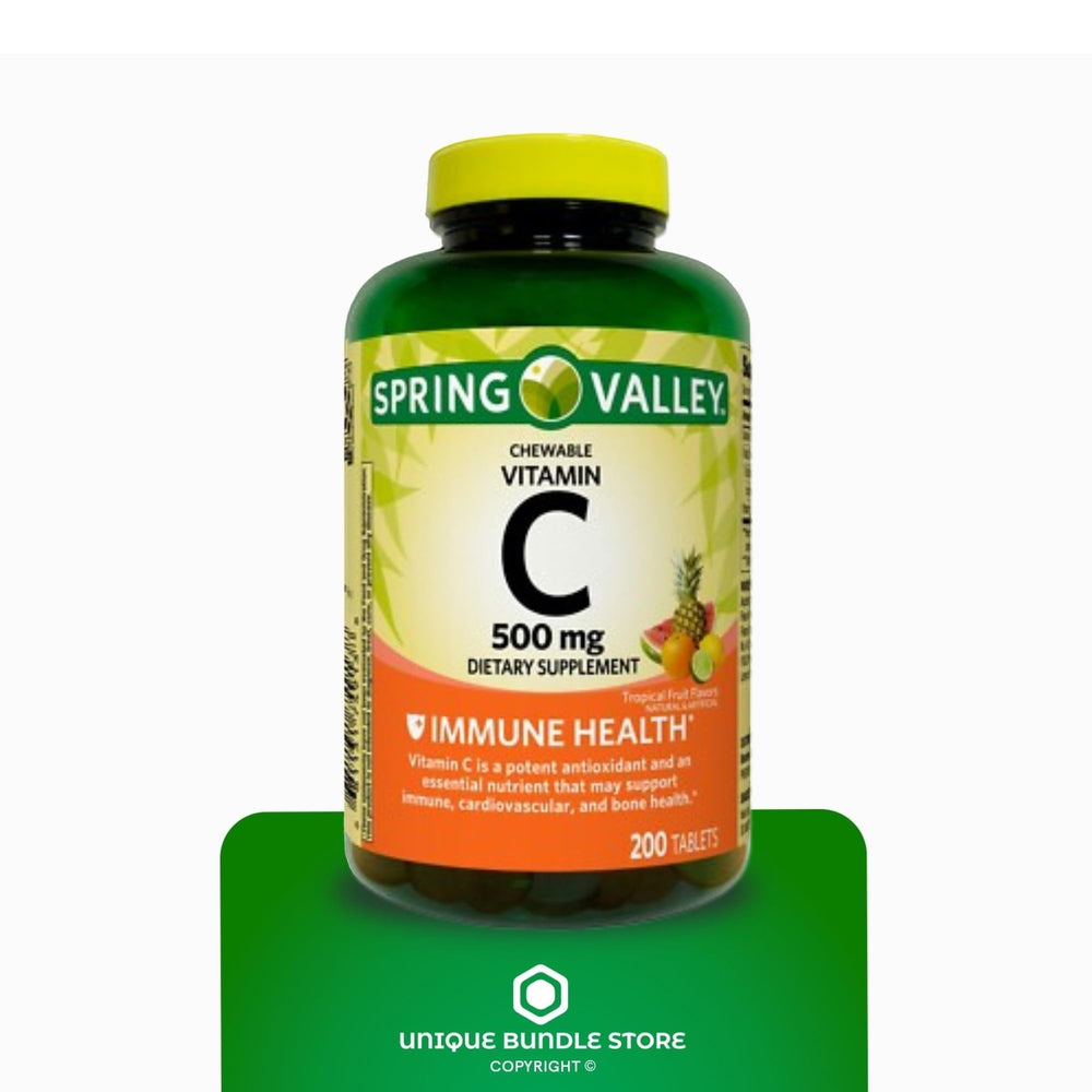 Front view of Spring Valley Vitamin C packaging, 200-tablet bottle for daily supplementation