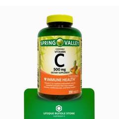 Front view of Spring Valley Vitamin C packaging, 200-tablet bottle for daily supplementation