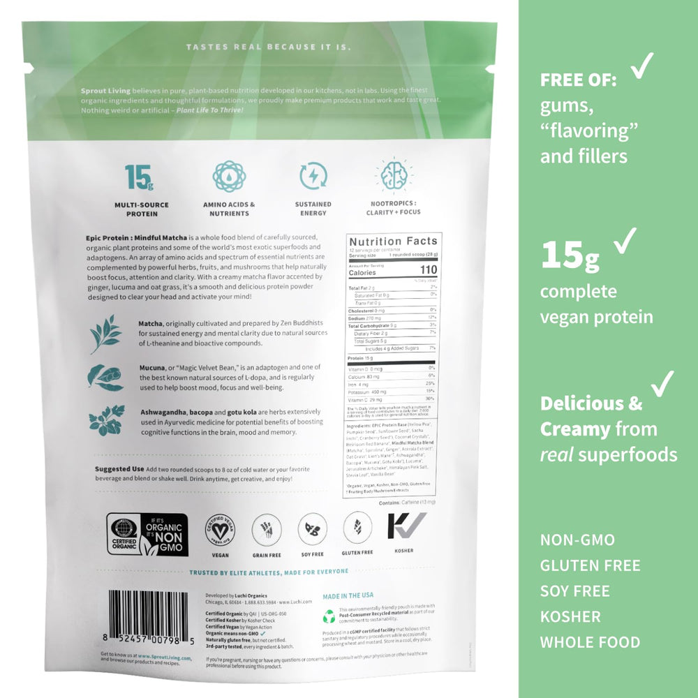 Ingredients close-up featuring matcha, ginger, and lucuma in Epic Protein.