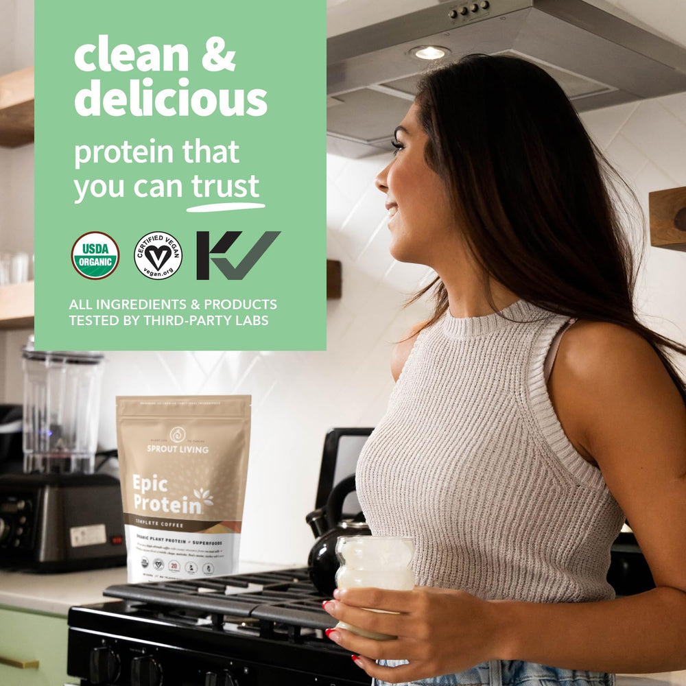 Sprout Living Epic Protein tub label highlights clean ingredients and 20 g protein