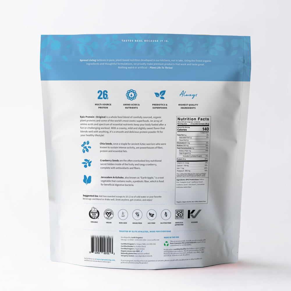 Sprout Living plant-based protein scoop ready to mix into smoothies.