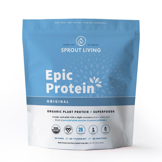 Sprout Living protein powder jar close-up for a clean, unflavored shake.