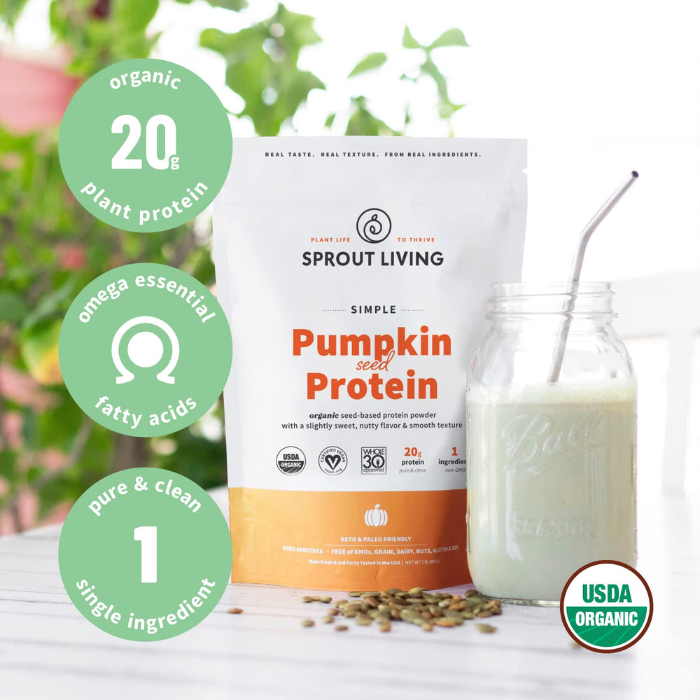 Close up of Sprout Living Simple Pumpkin Seed Protein Powder Label highlighting clean ingredients.
