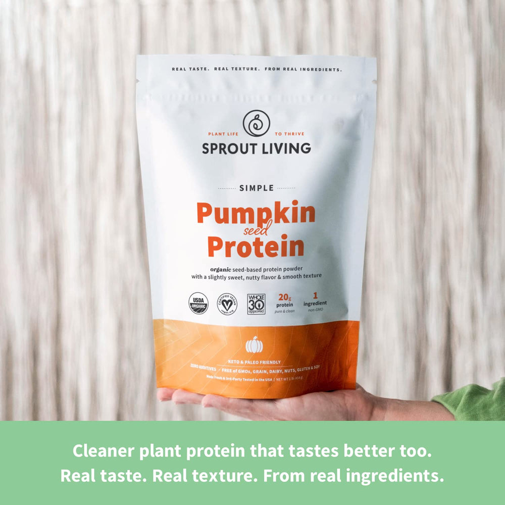 Sprout Living Simple Pumpkin Seed Protein Ingredients list shows organic non-GMO, no artificial additives.