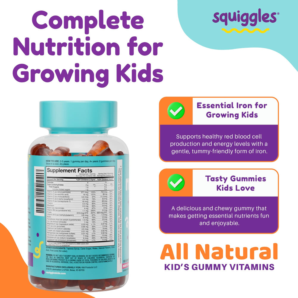 Squiggles daily use imagery emphasizes simple daily vitamins for kids.