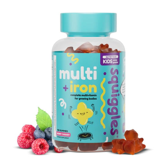 Squiggles Kids Multivitamin Iron bottle shows a convenient daily supplement for kids.