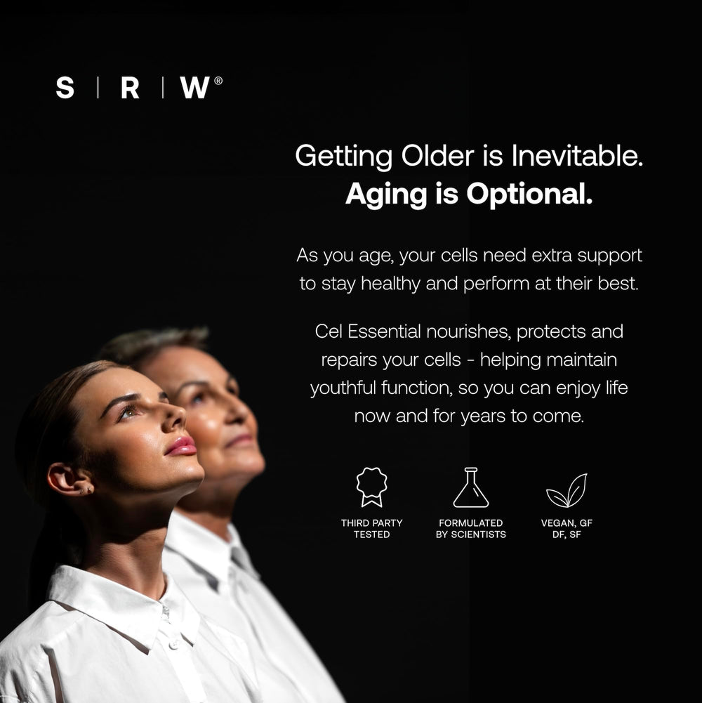 SRW Cel Essential nutrition graphic displays 17 vitamins and minerals for vitality.