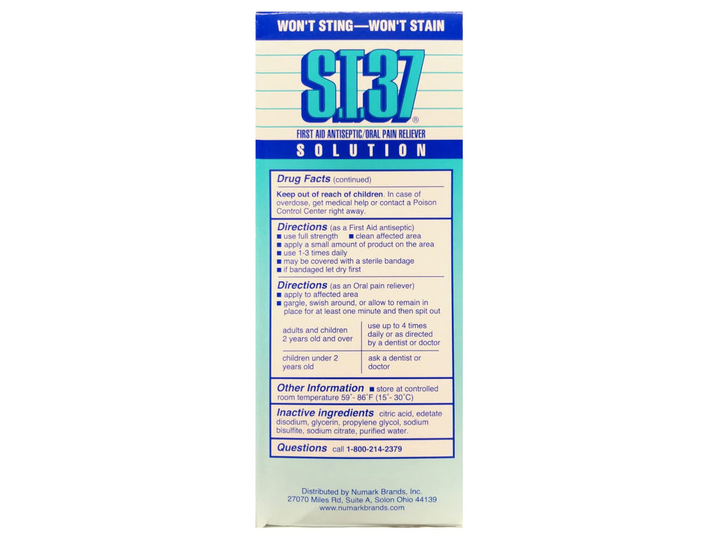 S.T.37 antiseptic solution bottle showcases non-staining, odor-free attributes.