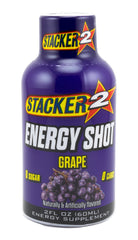 Stacker 2 Energy Shot Grape label close-up showing zero calories and zero carbs