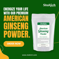 Stakich American Ginseng Root Powder scoop shows convenient measuring for recipes and shakes.