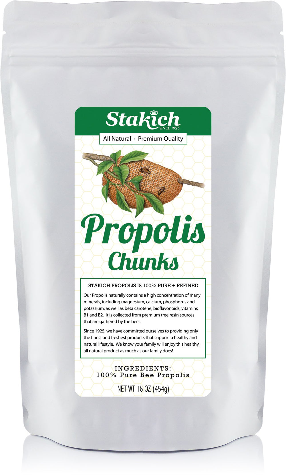 Stakich Bee Propolis Chunks packaging close-up, natural energy on the go