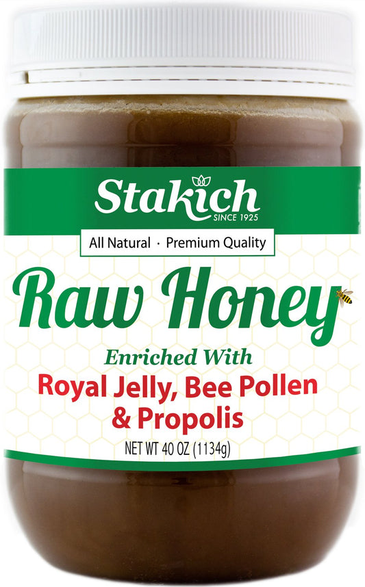 Stakich raw honey 40oz jar close-up for purity and flavor.