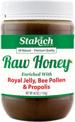 Stakich raw honey 40oz jar close-up for purity and flavor.
