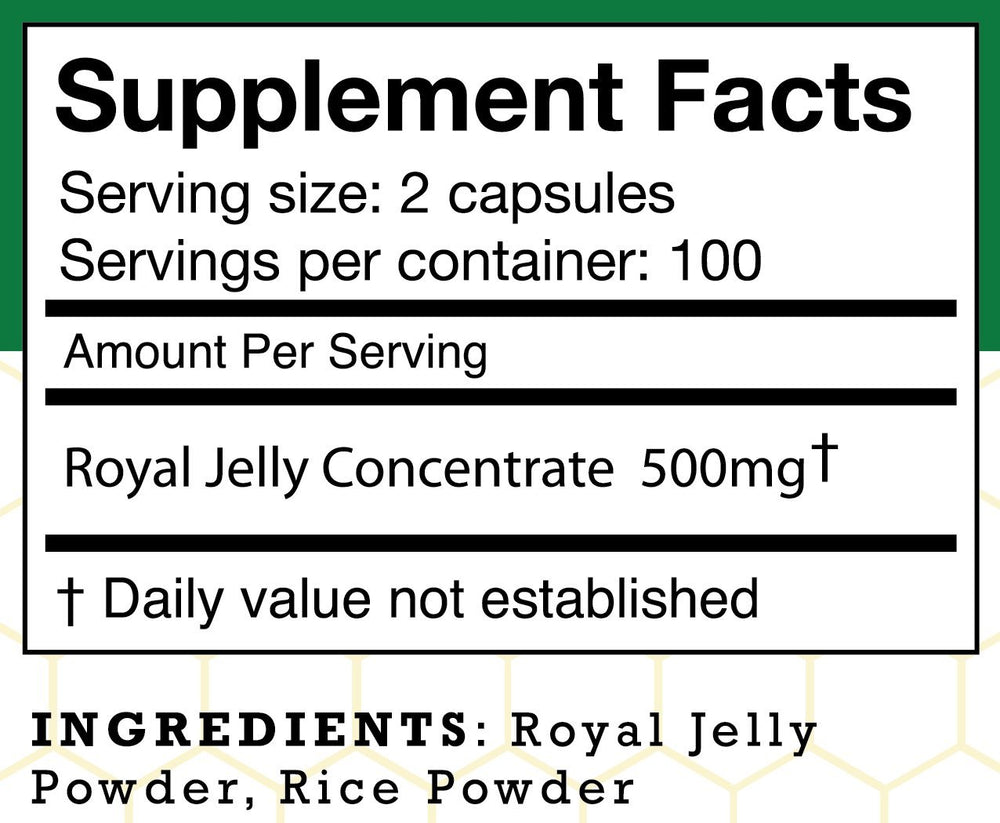 Close-up of Stakich Royal Jelly 500 mg capsule for easy daily use