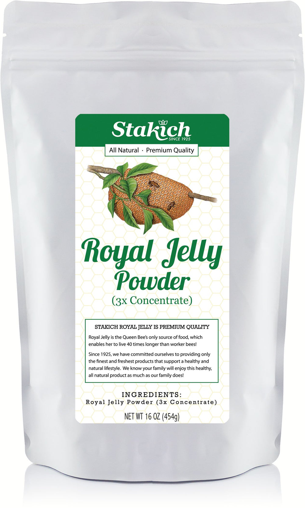 Stakich Royal Jelly Powder bottle shows premium freeze-dried formula for daily energy.