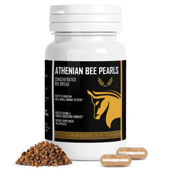 The Stampede Network bee pollen capsules closeup highlighting nutrient-rich granules for daily wellness