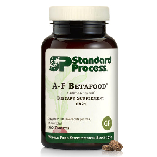 Standard Process A-F Betafood bottle label highlights gallbladder support for digestive wellness.