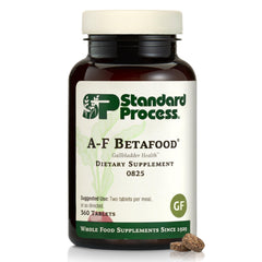 Standard Process A-F Betafood bottle label highlights gallbladder support for digestive wellness.