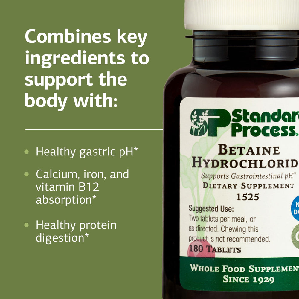 Standard Process Betaine HCl tablets back with dosage information