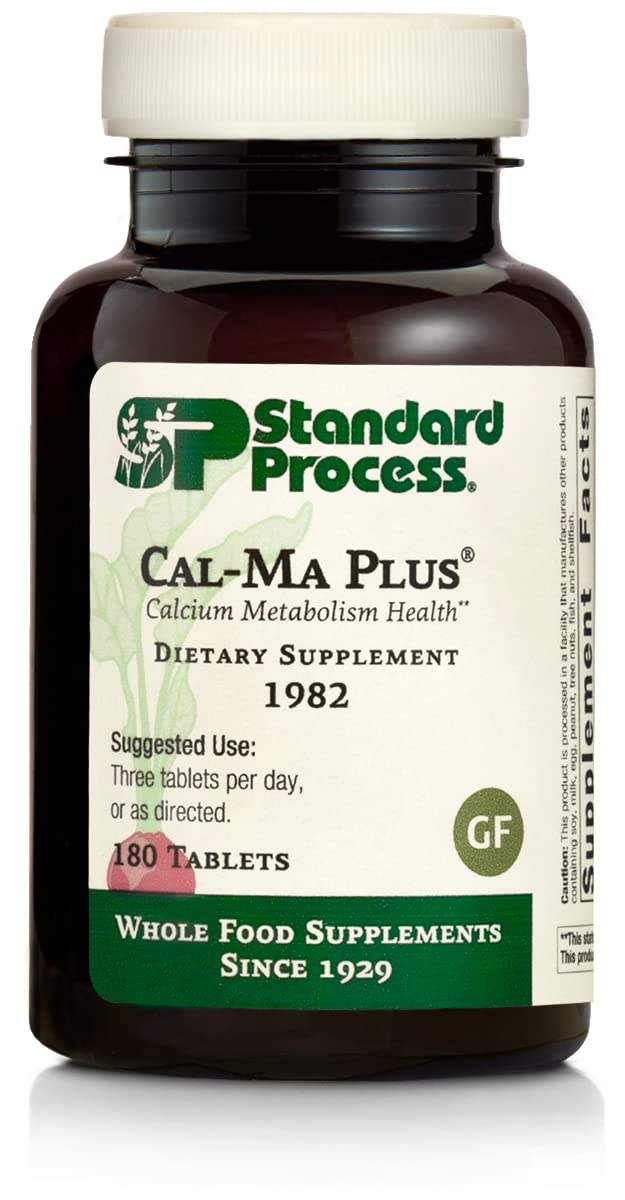 Standard Process Cal-Ma Plus bottle highlighting calcium support for nerves and muscles.