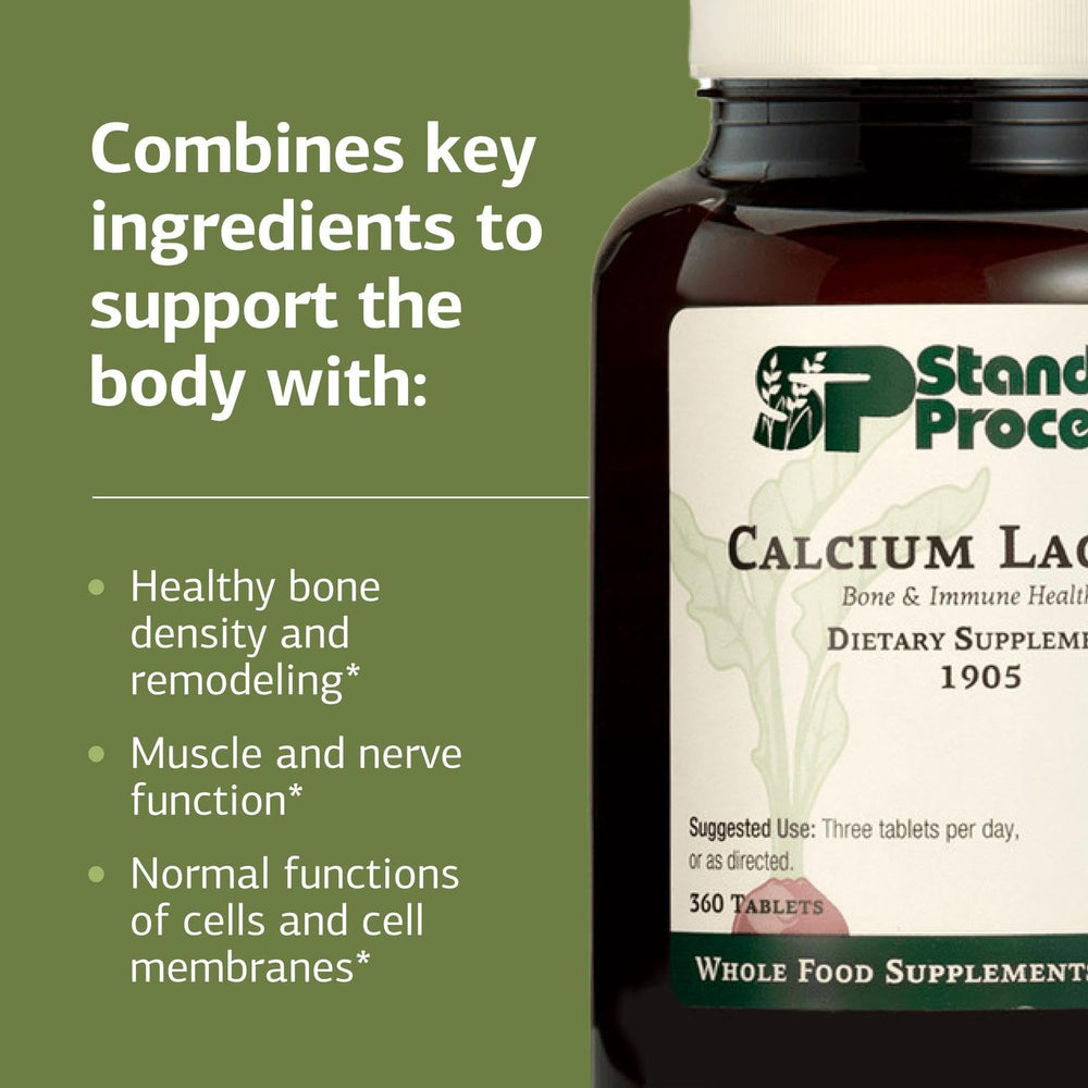 Standard Process Calcium Lactate box-front showcasing packaging and bone health messaging